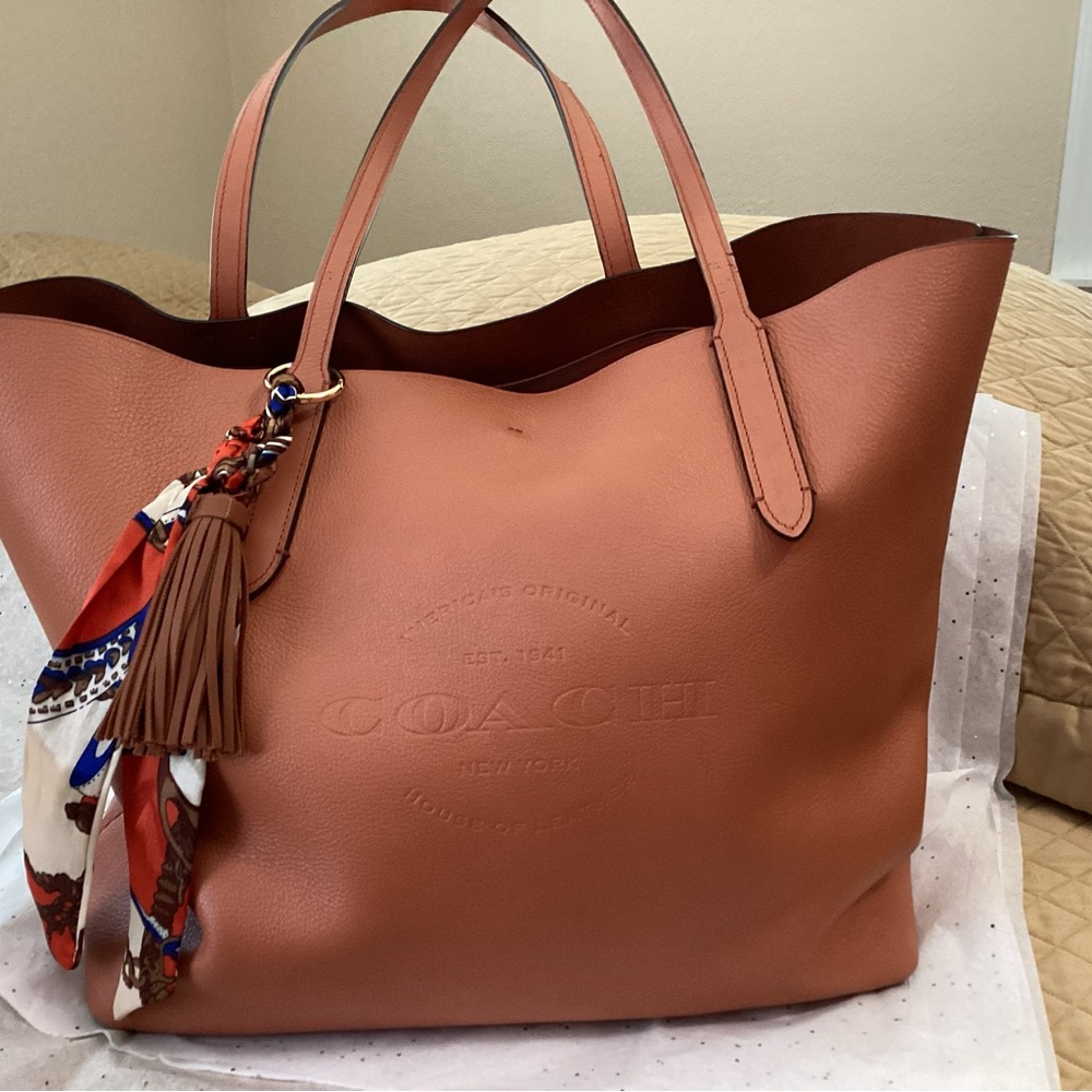 Vintage Coach Brown Leather Tote with Scarf Accent